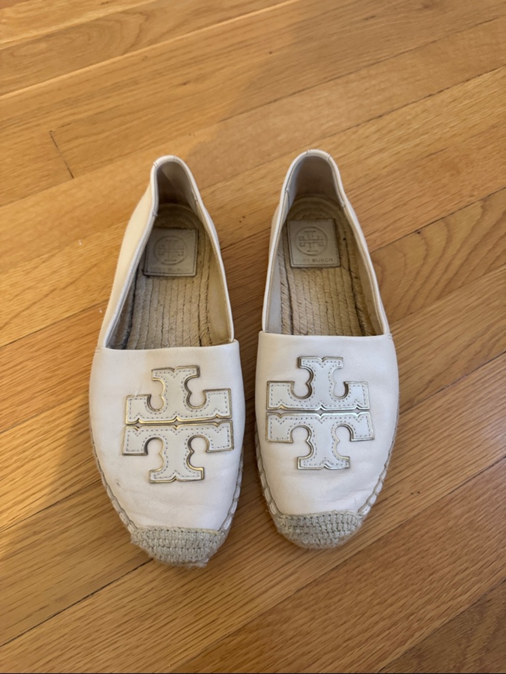 Tory Burch Cream Leather Logo Espadrille Flats